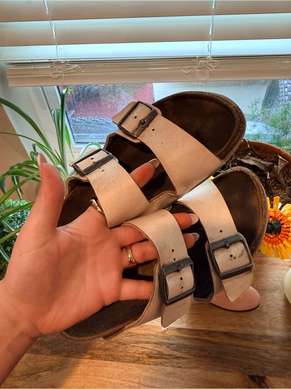 Birkenstock Women's Dual-Buckle Cream Slide Sandals